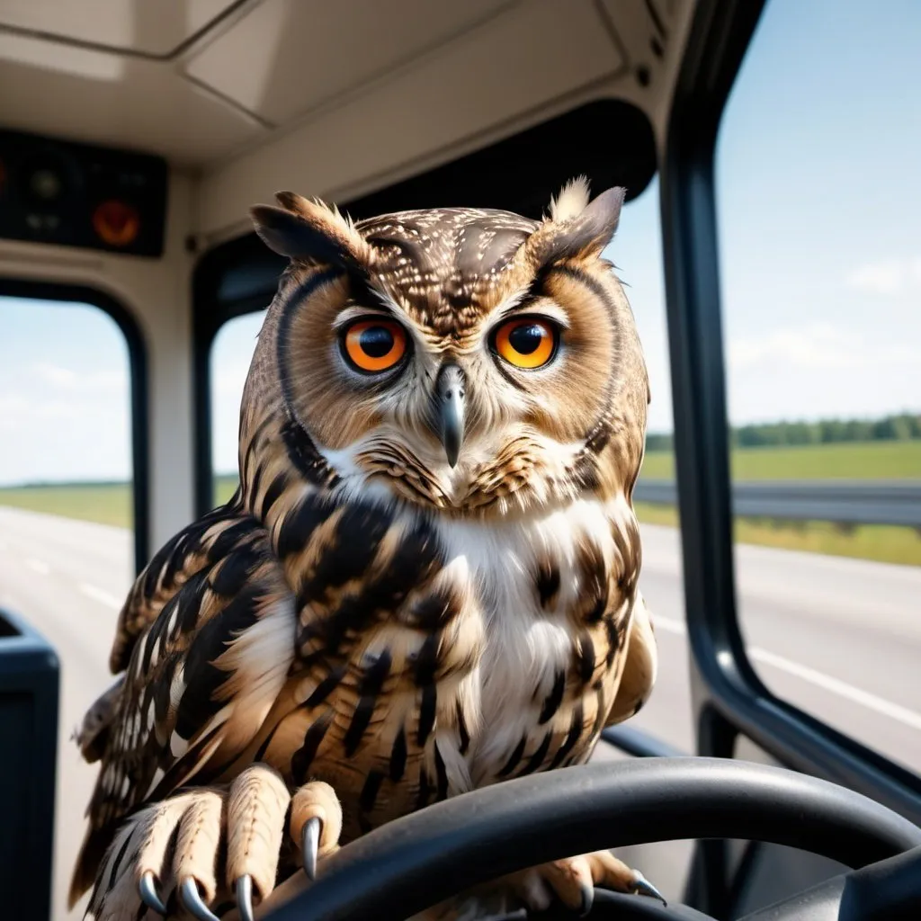 Prompt: An owl behind the wheel of a tractor trailer driving down the highway.  Extremely photo realistic 