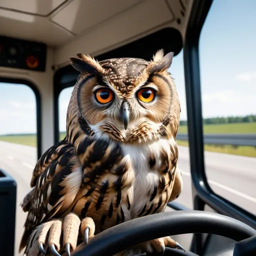 Prompt: An owl behind the wheel of a tractor trailer driving down the highway.  Extremely photo realistic 