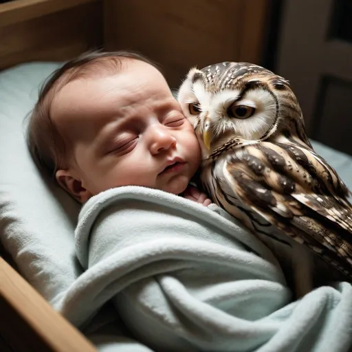 Prompt: An owl watching over a human baby while he's sleeping.  Extremely photo realistic