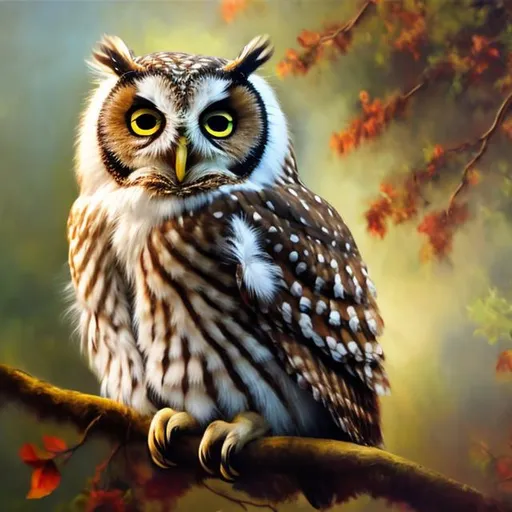 Prompt: Sleepy owl on a branch in a tree.  Extremely photo realistic oil painting.  