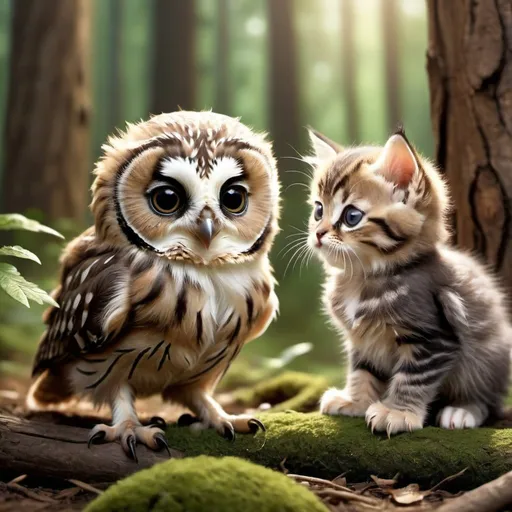 Prompt: A baby owl and a kitten playing in the forest.  Extremely photo realistic 
