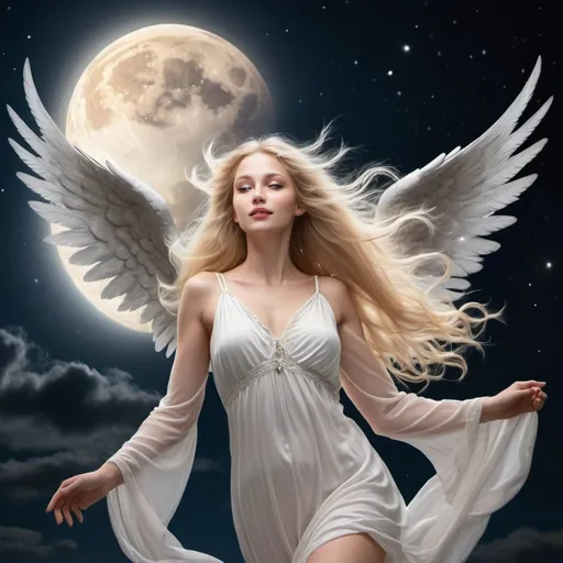 Prompt: The most beautiful angel with long flowing blonde hair flying across the night sky with a full moon in the background.  Extremely photo realistic 