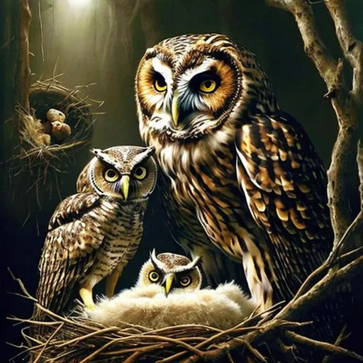 Prompt: A mother owl feeding her newborn baby owl in a nest.  Extreme photo realism