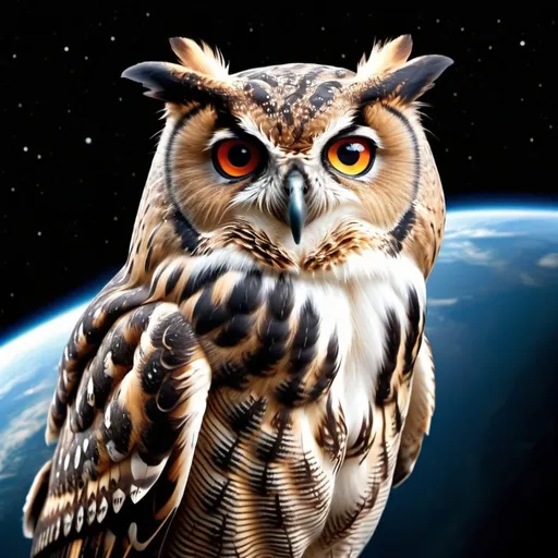 Prompt: A proud and majestic owl overlooking the earth from space.  Extremely photo realistic