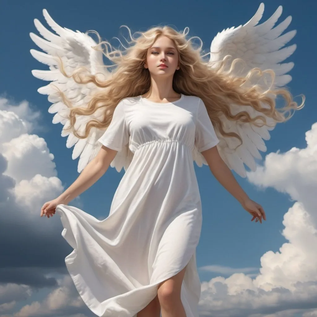 Prompt: The most beautiful angel with long flowing slightly curly blonde hair.  Full body shot.  Flying up towards a beautiful blue sky with a few white puffy clouds.  Extremely realistic