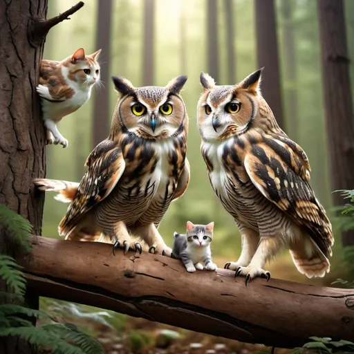 Prompt: Owls and cats playing together in a forest.  Extremely photo realistic