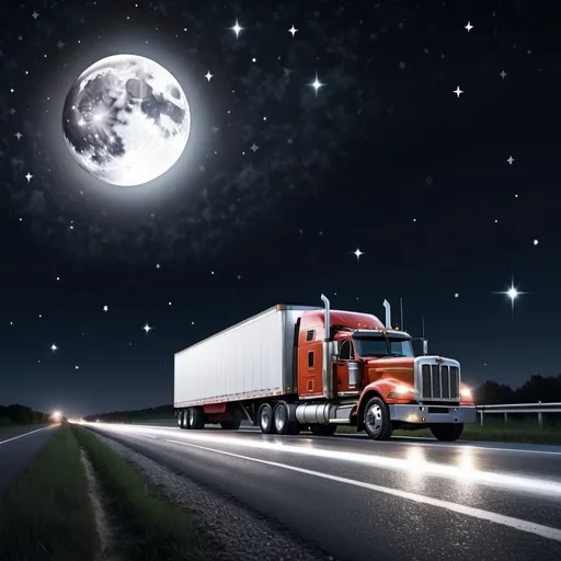 Prompt: A tractor trailer pulled along the side of the road at night with the moon and stars in the sky.  Extremely photo realistic 