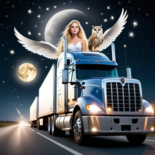 Prompt: A tractor trailer driving down the highway at night with the moon and the stars in the sky.  Also, an angel with long flowing blonde hair and an owl flying over the tractor trailer next to the angel.  Extremely photo realistic 