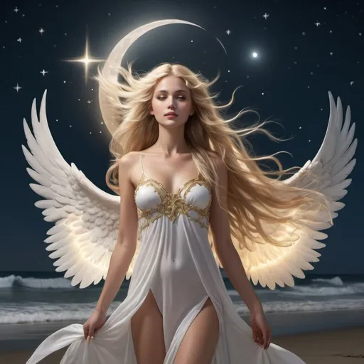 Prompt: The most beautiful angel with long flowing blonde hair, wings and a halo floating above a beach with the ocean in the background at night with a Cresent moon and stars in the sky.  Extremely photo realistic 