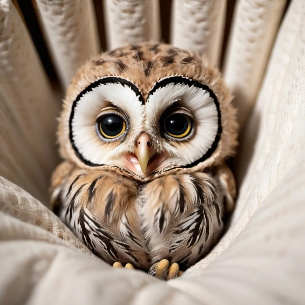 Prompt: A baby owl laying down in a crib sleeping peacefully.  Extremely photo realistic 