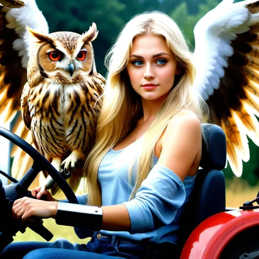 Prompt: A beautiful angel with long flowing blonde hair driving a tractor trailer with an owl in the passenger seat.  Extremely photo realistic 