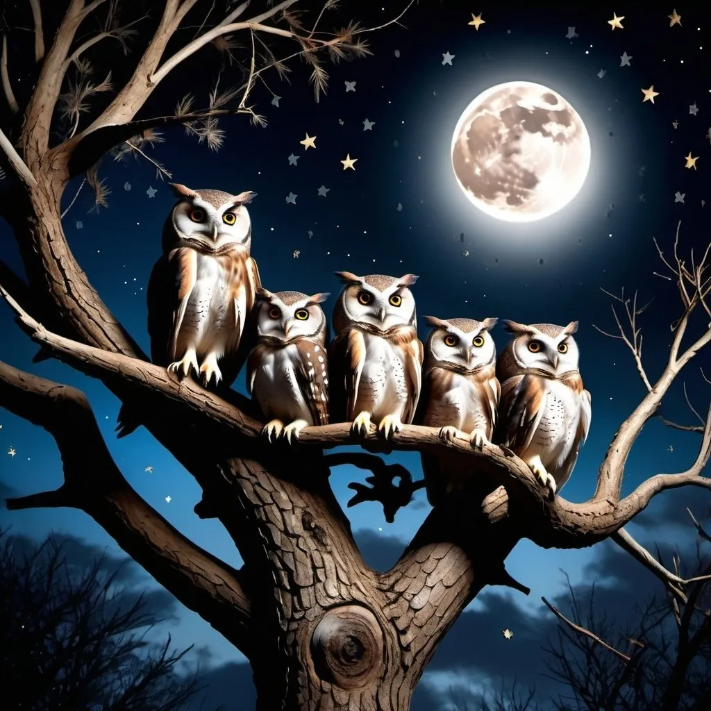 Prompt: A group of owls nesting high up in a tree at night with the moon and stars in the sky.  Extremely photo realistic 