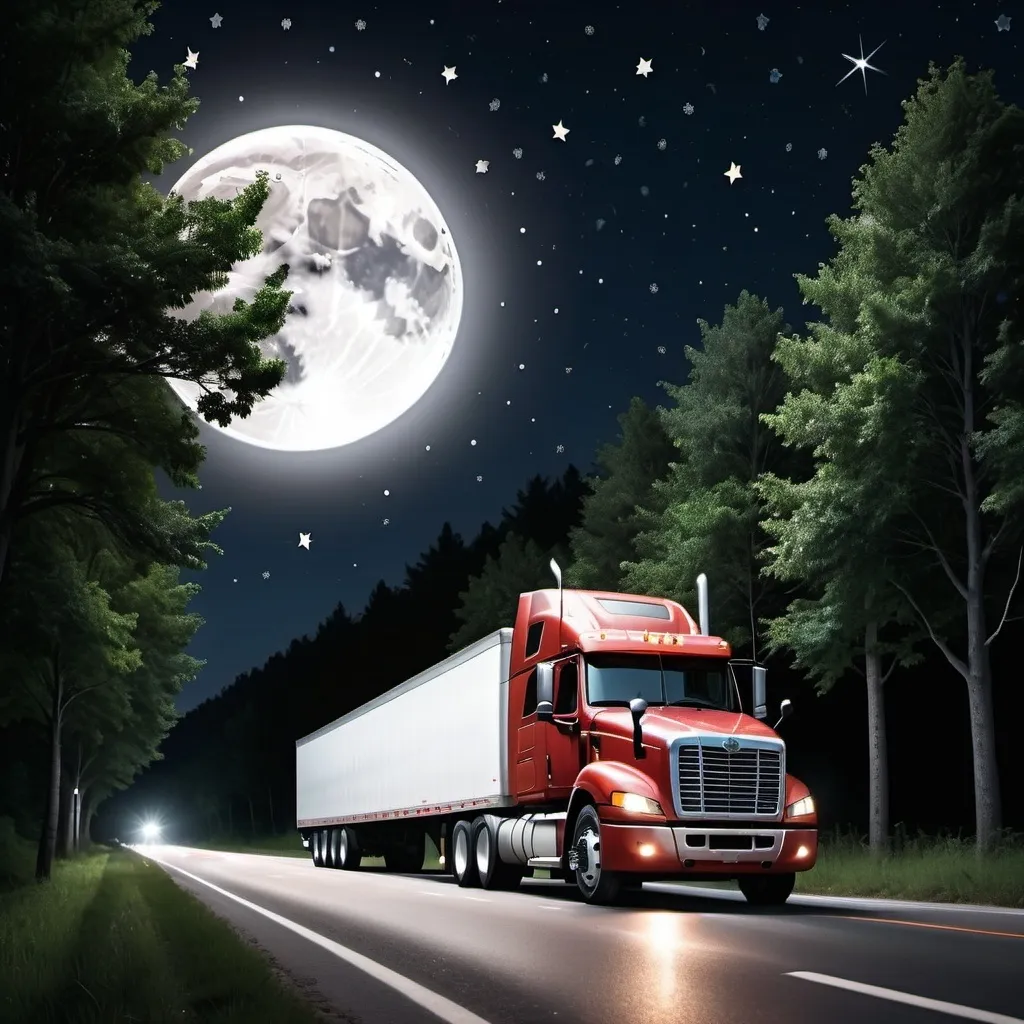 Prompt: A tractor trailer along the side of the road with lots of trees at night with the moon and the stars in the sky.  Extremely photo realistic 