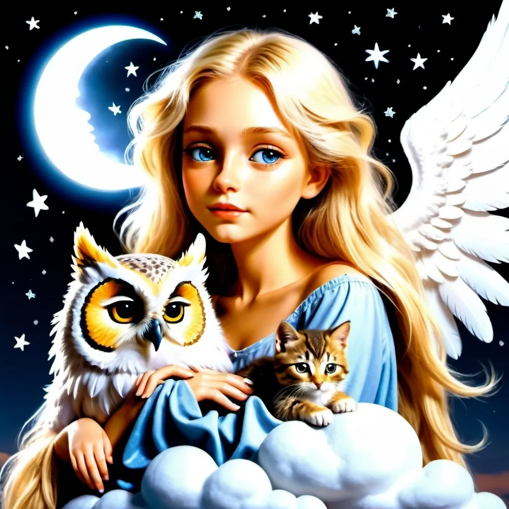 Prompt: A beautiful angel with long flowing blonde hair resting on a cloud up in the sky at night with the moon and the stars in the sky.  Resting beside the angel is an owl and a kitten.  Extremely photo realistic 