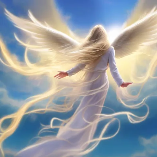 Prompt: Angel with long flowing blonde hair flying home to Heaven 
.  A view from behind 


  Photo realistic 