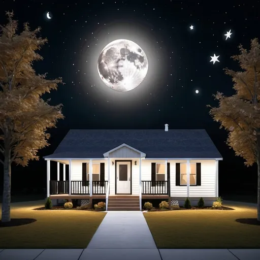 Prompt: A beautiful 3 bedroom modular home in Wymoing at night with the moon and the stars in the sky.  Extremely photo realistic