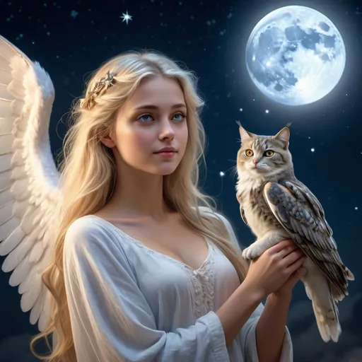 Prompt: An angel with long flowing blonde hair playing with an owl and a cat late at night under the moon and the stars.  Extremely photo realistic 