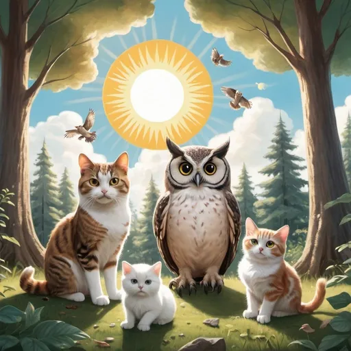 Prompt: 3 cats, an owl, and a human baby playing in a forest with the sun shining and a few white puffy clouds in the sky