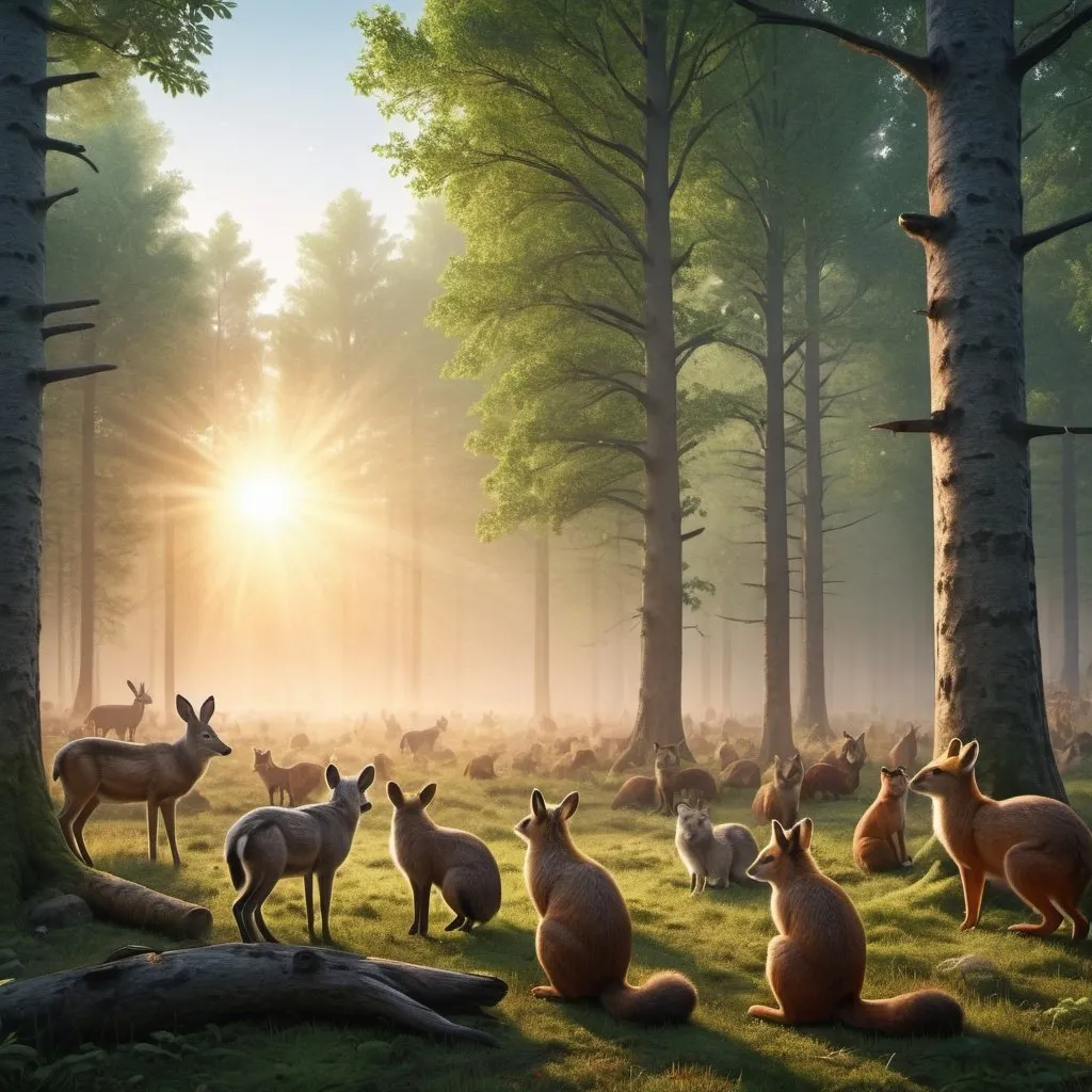 Prompt: An absolute beautiful, perfect day in the forest with trees and forest animals gathered to watch the sunrise in a clearing.  Very photo realistic