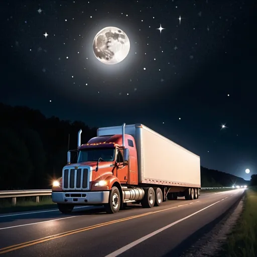 Prompt: A tractor trailer pulled over the side of the road late at night with the moon and the stars in the sky.  Extremely photo realistic 