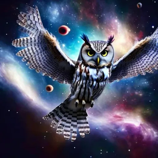 Prompt: The most incredible looking owl flying through outer space.  Extremely photo realistic