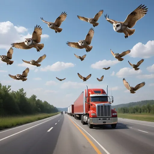 Prompt: A highway full of tractor trailers with a few owls flying over them.  Extremely photo realistic