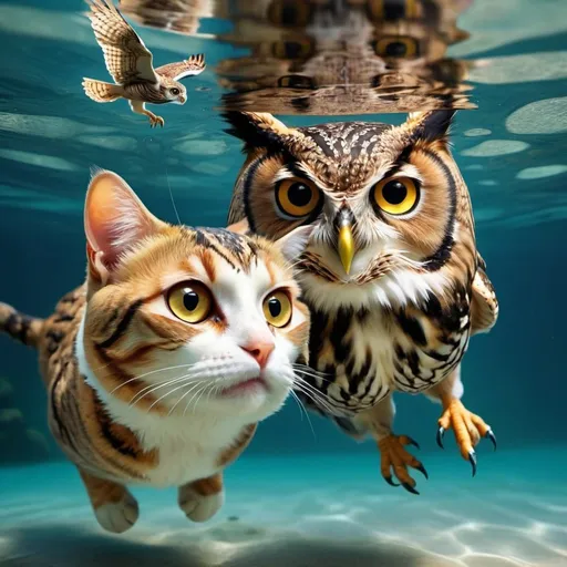 Prompt: A cat and an owl swimming in the ocean.  Extremely photo realistic 