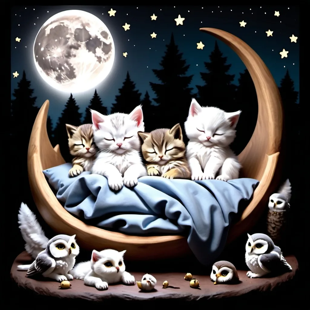 Prompt: A bunch of kittens and a bunch of baby owls sleeping in a large bed outside in the woods at night under the stars and the moon.  Extremely photo realistic 