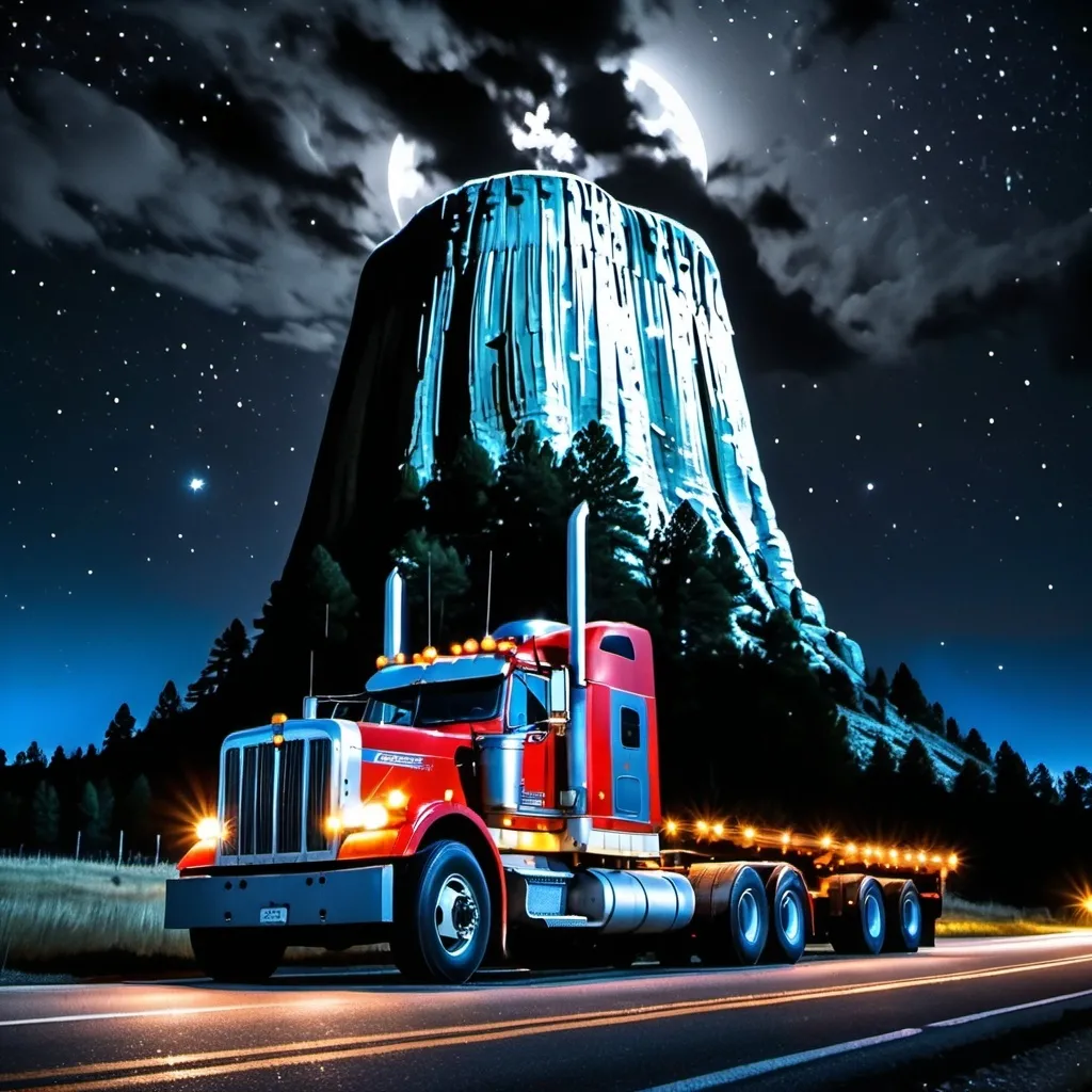 Prompt: A tractor trailer at night parked on the side of the road where the Devil's Tower is in Wymoing with the moon and the stars in the sky.  Extremely photo realistic 