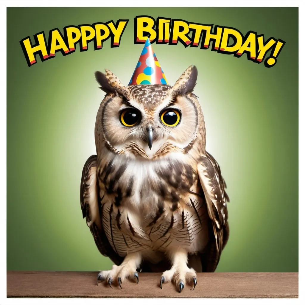 Prompt: An owl with a comic book style caption over his head saying, "Happy Birthday Brittany!"  Extremely photo realistic