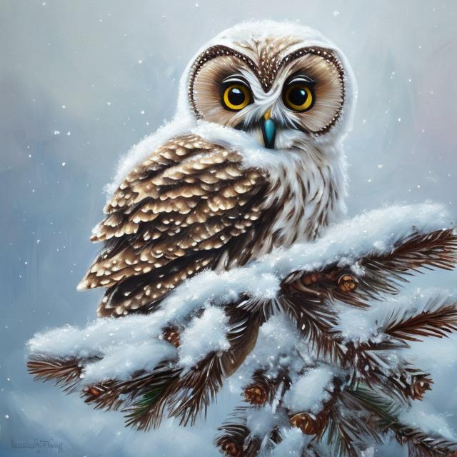 Prompt: A very realistic oil painting of a baby snow owl in a snow covered pine tree in the woodd