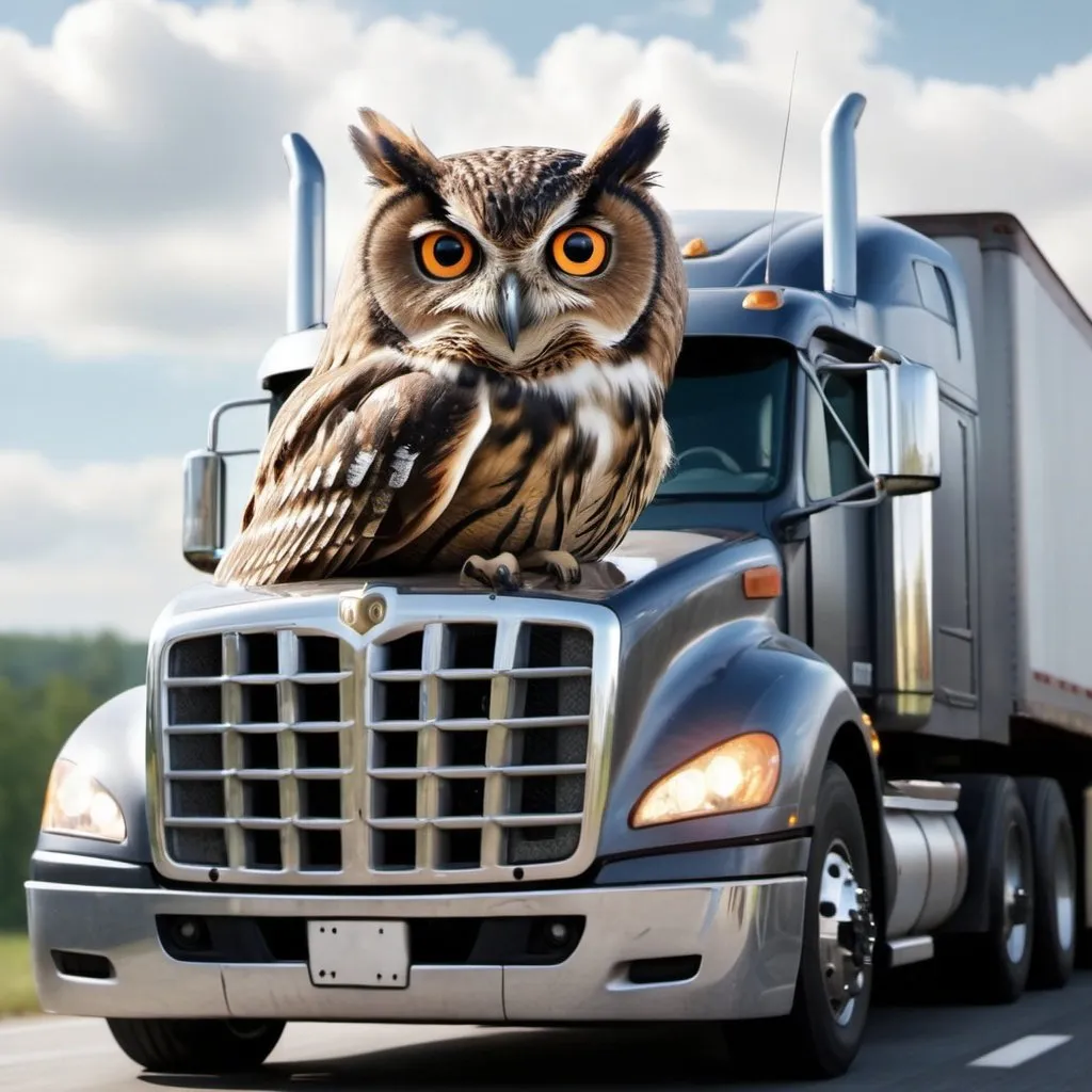 Prompt: An owl driving an 18 wheeler tractor trailer.  Extremely photo realistic 