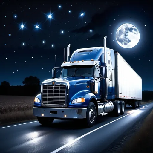 Prompt: A tractor trailer on the side of the road at night with the moon and the stars in the sky.  Extremely photo realistic 