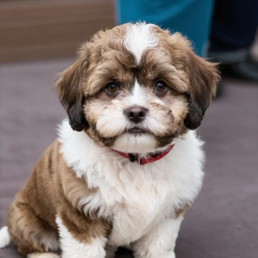 Prompt: a shih poo with brown and white spots 