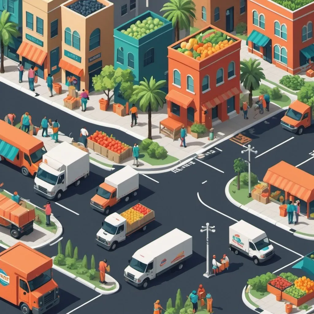 Prompt: Generate an isometric illustration of a bustling Gulf city. Highlight several delivery trucks  navigating the streets, delivering boxes of fresh produce to various locations. Include landmarks and diverse scenes in the background to represent the reach of your service. Use a bright and colorful palette