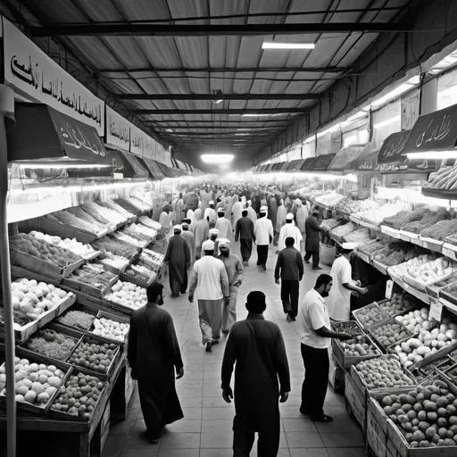 Prompt: Generate a black and white photorealistic image of a bustling Al Aweer fruits & vegetables market scene at Dubai, United Arab Emirates. Highlight the human element by focusing on the faces and interactions of sellers and buyers amongst the various fruits and vegetables.
