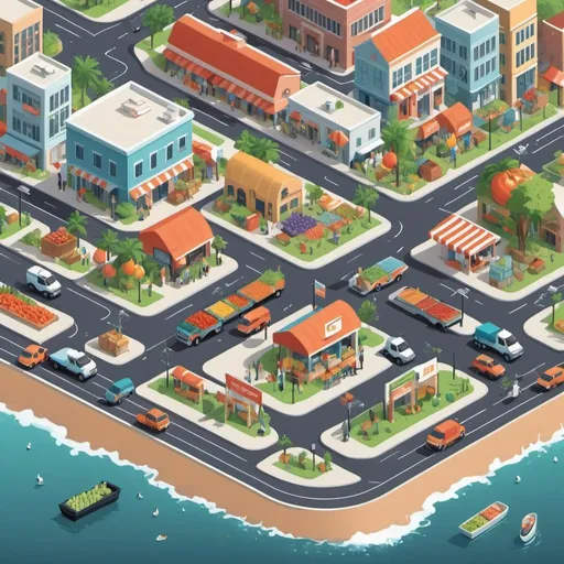 Prompt: Generate an isometric illustration of a bustling Gulf city. Highlight several delivery trucks  navigating the streets, delivering boxes of fresh produce to various locations. Include landmarks and diverse scenes in the background to represent the reach of your service. Use a bright and colorful palette