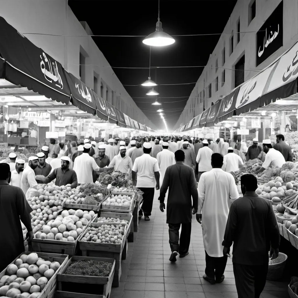 Prompt: Generate a black and white photorealistic image of a bustling Al Aweer fruits & vegetables market scene at Dubai, United Arab Emirates. Highlight the human element by focusing on the faces and interactions of sellers and buyers amongst the various fruits and vegetables.