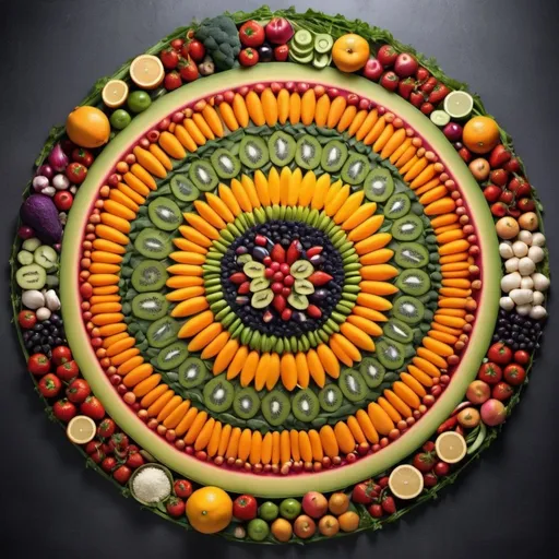 Prompt: Generate a mandala design incorporating various fruits and vegetables commonly found in the Al Aweer fresh fruits & vegetables market in Dubai, United Arab Emirates. Use vibrant colors and intricate patterns to create a visually appealing and symbolic representation of the platform's offerings.