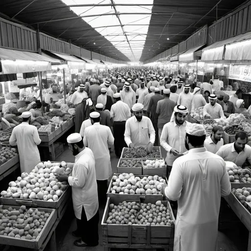 Prompt: Generate a black and white photorealistic image of a bustling Al Aweer fruits & vegetables market scene at Dubai, United Arab Emirates. Highlight the human element by focusing on the faces and interactions of sellers and buyers amongst the various fruits and vegetables.