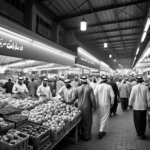 Prompt: Generate a black and white photorealistic image of a bustling Al Aweer fruits & vegetables market scene at Dubai, United Arab Emirates. Highlight the human element by focusing on the faces and interactions of sellers and buyers amongst the various fruits and vegetables.