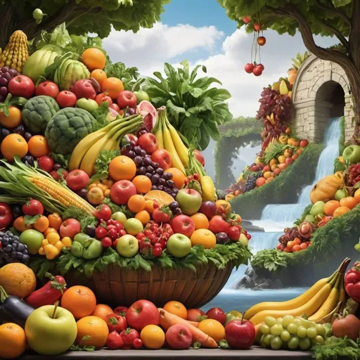 Prompt: Create a surreal image representing the abundance and freshness of the platform's produce offerings. Use symbolic elements like overflowing cornucopia, flowing rivers of fruits, and happy customers surrounded by vibrant vegetation.