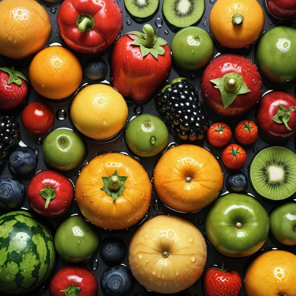 Prompt: Create a hyperrealistic close-up image of a variety of fresh fruits and vegetables with water droplets glistening on their surface. Use lighting and texture to capture the natural beauty and freshness of the produce.