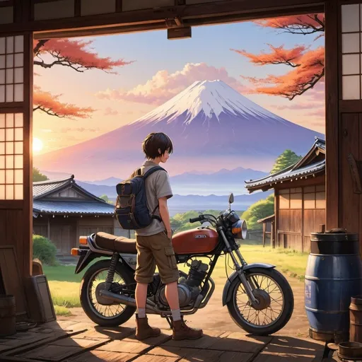 Prompt: Digital anime art of a young person with a backpack in an old Japanese workshop, next to a classic Yamaha motorcycle. The scene is bathed in warm sunset light, with Mount Fuji in the distance. The image is detailed and evokes a sense of nostalgia. --ar 16:9 --quality high