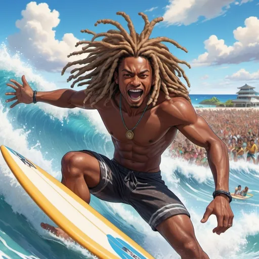 Prompt: (anime style handsome black guy with dreadlocks surfing) at an Okinawa surf competition, vibrant colors, dynamic action pose, energetic and thrilling atmosphere, detailed surroundings, crystal-clear blue ocean, sunny sky with a few fluffy clouds, traditional Okinawan architecture in the background, spectators cheering, waves splashing, highly detailed, 4K resolution, ultra-detailed, cinematic quality, energetic vibrancy, photorealistic, with hot anime girls cheering him on. his skin is milk chocolate brown and his dreadlocks are brown 