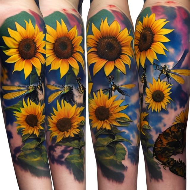 Prompt: 3 sunflowers with 1 dragonfly perched on one of the sunflowers with sky in the background for 
arm sleeve tattoo
