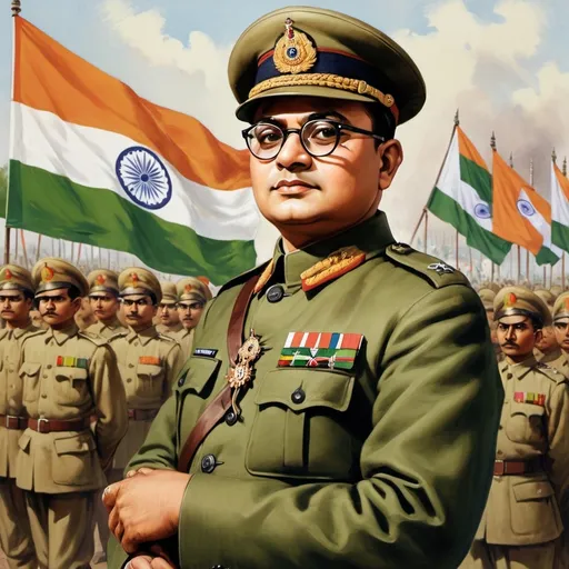 Prompt: A commanding and charismatic Indian freedom fighter from the early 20th century, Subhash Chandra Bose, depicted wearing his signature military uniform, including a khaki green coat, peaked cap, and round glasses. He stands with a confident posture, exuding authority and determination. The background showcases a scene from the Indian National Army, with flags and soldiers in formation, symbolizing his leadership in the fight for India's independence. The image captures the spirit of patriotism, strength, and visionary leadership."