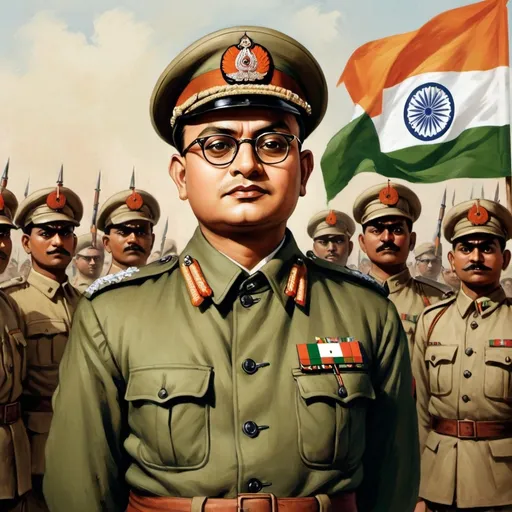 Prompt: A commanding and charismatic Indian freedom fighter from the early 20th century, Subhash Chandra Bose, depicted wearing his signature military uniform, including a khaki green coat, peaked cap, and round glasses. He stands with a confident posture, exuding authority and determination. The background showcases a scene from the Indian National Army, with flags and soldiers in formation, symbolizing his leadership in the fight for India's independence. The image captures the spirit of patriotism, strength, and visionary leadership."