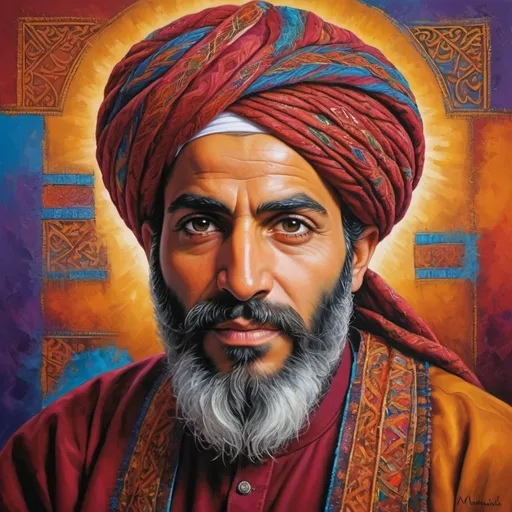 Prompt: Vibrant acrylic painting of Mohammadi, intricate patterns and textures, rich and warm color palette, expressive brush strokes, detailed beard and intense gaze, cultural attire, dynamic composition, high quality, acrylic painting, vibrant colors, detailed textures, cultural depiction, expressive, warm tones, intricate patterns, intense gaze, dynamic composition