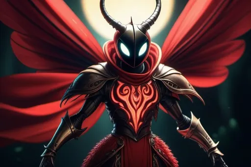 Prompt: Detailed anime illustration of Hornet from Hollow Knight, vibrant red cape billowing in the wind, agile and elegant stance, intricate Mantis tribe armor, intense and focused gaze with sharp eyes, cool-toned detailed fur and exoskeleton, mysterious and atmospheric lighting, best quality, highres, ultra-detailed, anime, action-adventure, vibrant red, detailed eyes, sleek design, professional, atmospheric lighting